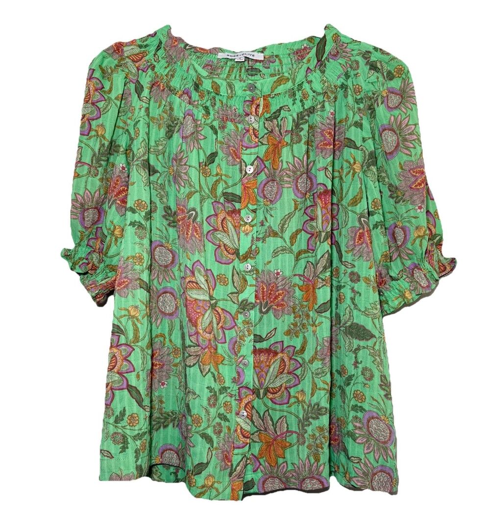 Rose + Olive M Mint Green Floral Boho Peasant Blouse Smocked Puff Sleeve